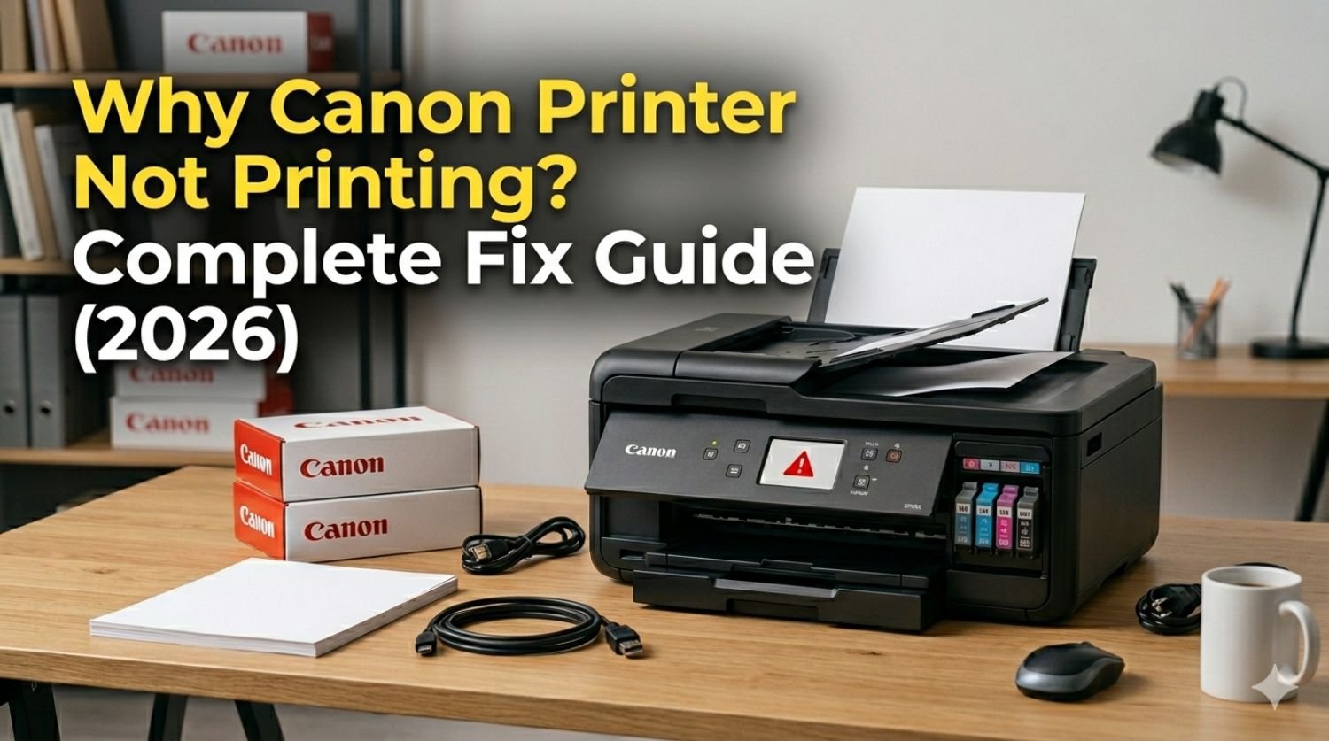 Canon printer on a desk with cables