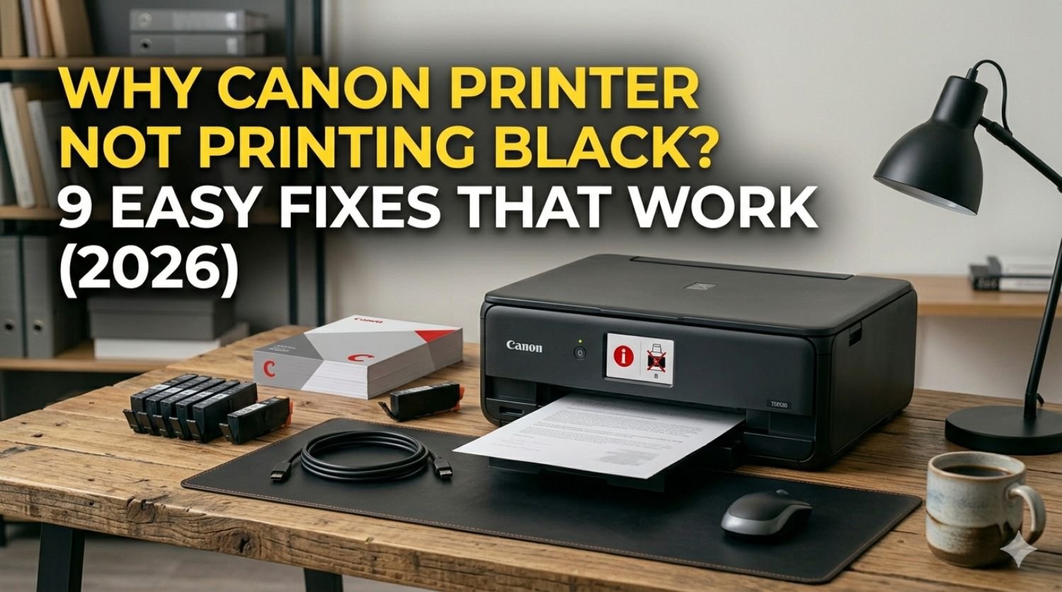 canon printer on table with cables and mouse