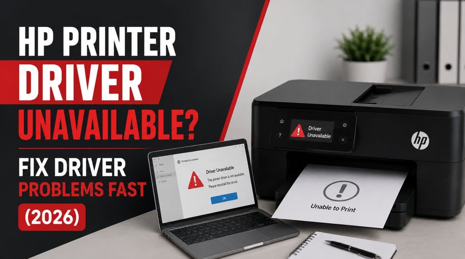 hp printer on table showing driver unavailable error