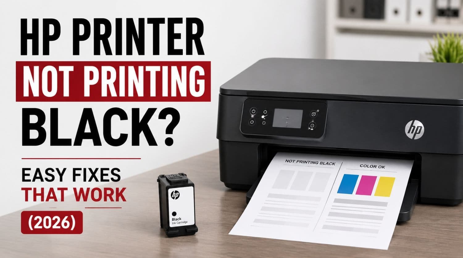 hp printer on table with black ink