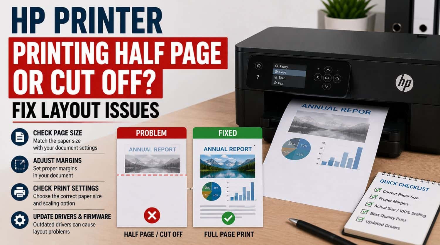 HP Printer on table Printing Half Page