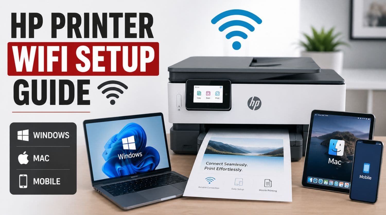 hp printer on table with macbook